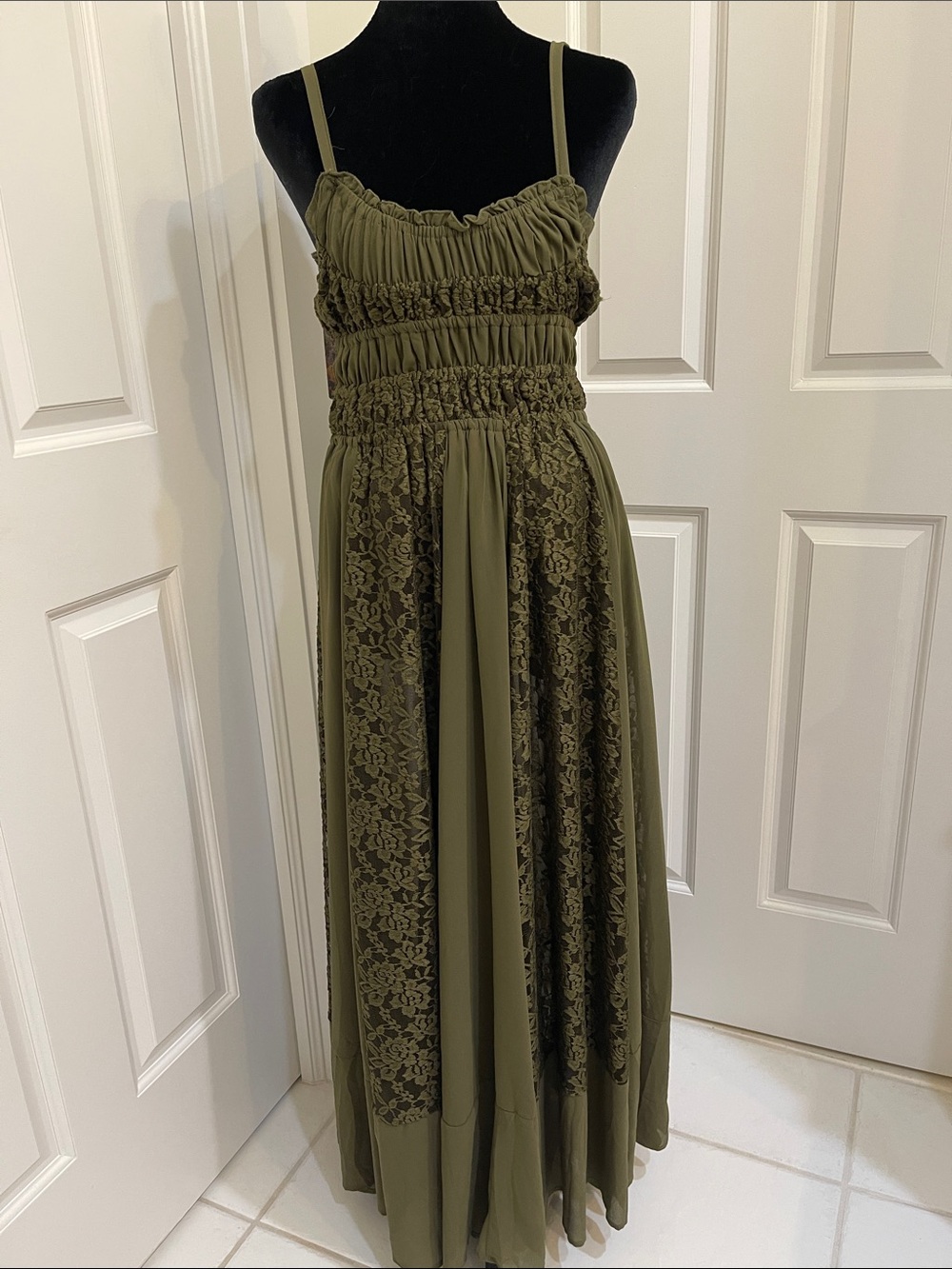 Olive Green Smocked Lace Panel Maxi Dress Size M  NWT